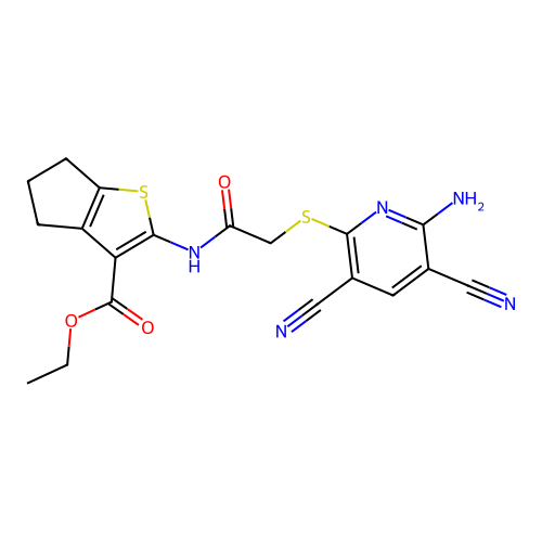 ethyl 2-({[(6-amino-3,5-dicyano-2-pyridinyl)sulfanyl]acetyl}amino)-5,6-dihydro-4H-cyclopenta[b]thiophene-3-carboxylate structure