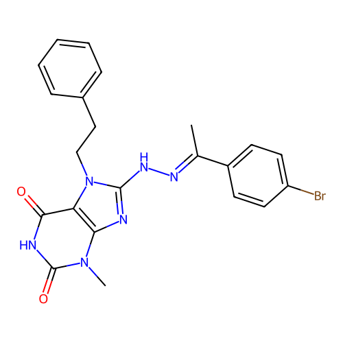 8-{(2E)-2-[1-(4-bromophenyl)ethylidene]hydrazinyl}-3-methyl-7-(2-phenylethyl)-3,7-dihydro-1H-purine-2,6-dione structure