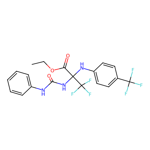 ethyl 3,3,3-trifluoro-2-(3-phenylureido)-2-((4-(trifluoromethyl)phenyl)amino)propanoate structure
