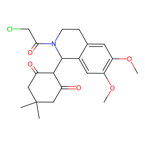 2-(2-(2-chloroacetyl)-6,7-dimethoxy-1,2,3,4-tetrahydroisoquinolin-1-yl)-5,5-dimethylcyclohexane-1,3-dione structure