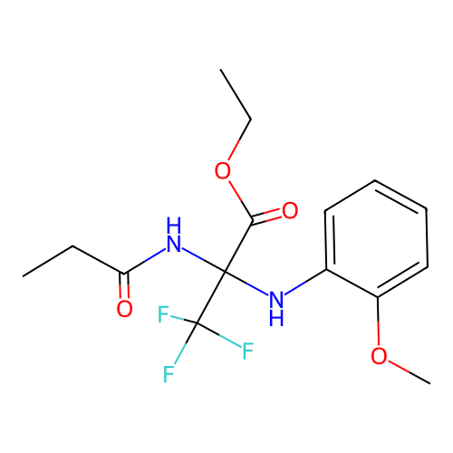Ethyl 3,3,3-trifluoro-2-(2-methoxyanilino)-2-(propanoylamino)propanoate structure