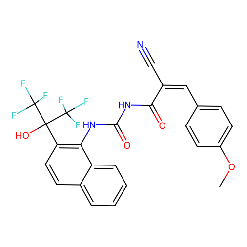 (Z)-2-cyano-N-((2-(1,1,1,3,3,3-hexafluoro-2-hydroxypropan-2-yl)naphthalen-1-yl)carbamoyl)-3-(4-methoxyphenyl)acrylamide structure