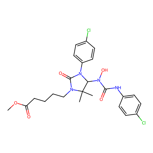 methyl 5-(3-(4-chlorophenyl)-4-(3-(4-chlorophenyl)-1-hydroxyureido)-5,5-dimethyl-2-oxoimidazolidin-1-yl)pentanoate structure