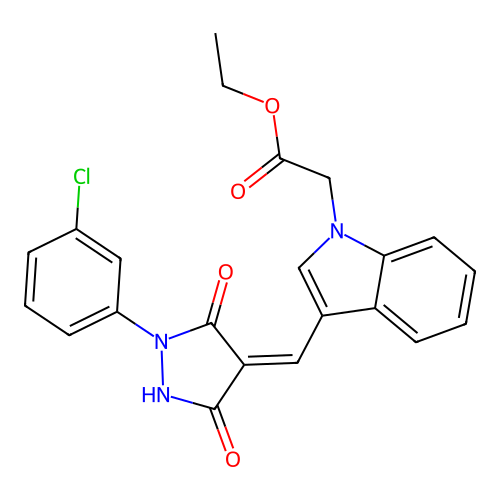 (Z)-ethyl 2-(3-((1-(3-chlorophenyl)-3,5-dioxopyrazolidin-4-ylidene)methyl)-1H-indol-1-yl)acetate structure