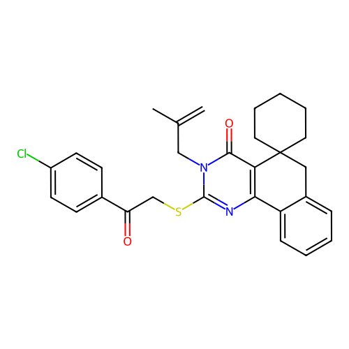 2-((2-(4-chlorophenyl)-2-oxoethyl)thio)-3-(2-methylallyl)-3H-spiro[benzo[h]quinazoline-5,1'-cyclohexan]-4(6H)-one structure