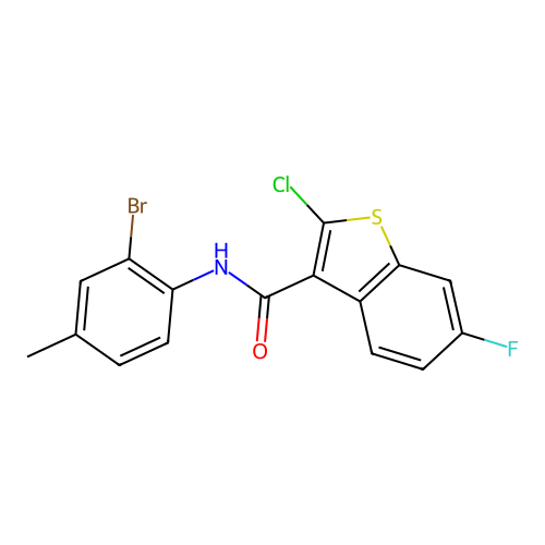 N-(2-bromo-4-methylphenyl)-2-chloro-6-fluoro-1-benzothiophene-3-carboxamide structure