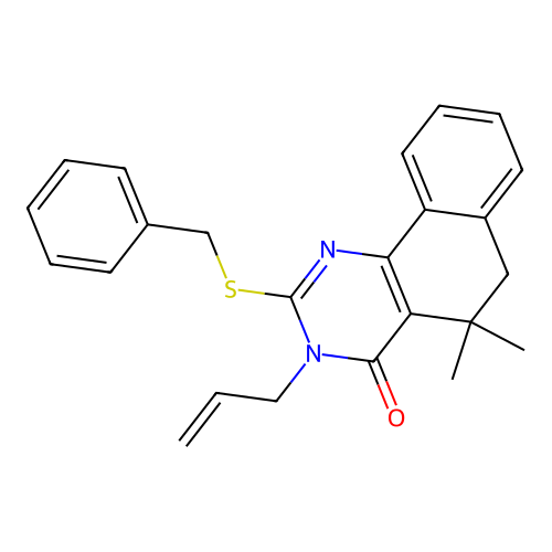 2-benzylsulfanyl-5,5-dimethyl-3-prop-2-enyl-6H-benzo[h]quinazolin-4-one structure