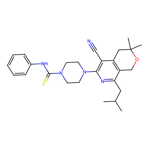 3,3-dimethyl-8-(2-methylpropyl)-6-{4-[(phenylamino)thioxomethyl]piperazinyl}-3 ,4-dihydro-1H-pyrano[3,4-c]pyridine-5-carbonitrile structure