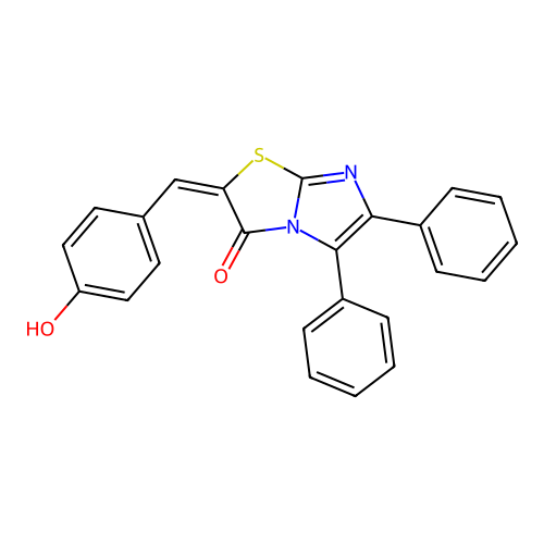 (E)-2-(4-hydroxybenzylidene)-5,6-diphenylimidazo[2,1-b]thiazol-3(2H)-one structure