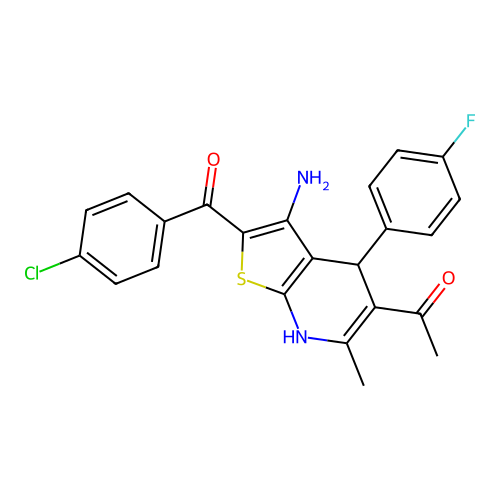 1-(3-amino-2-(4-chlorobenzoyl)-4-(4-fluorophenyl)-6-methyl-4,7-dihydrothieno[2,3-b]pyridin-5-yl)ethanone structure