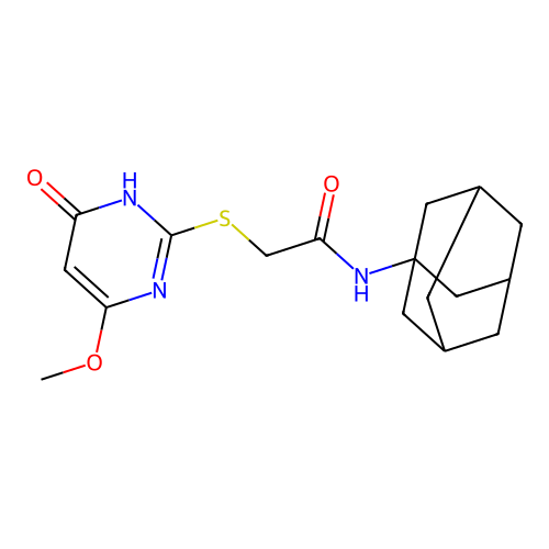 N-((3s,5s,7s)-adamantan-1-yl)-2-((4-methoxy-6-oxo-1,6-dihydropyrimidin-2-yl)thio)acetamide structure