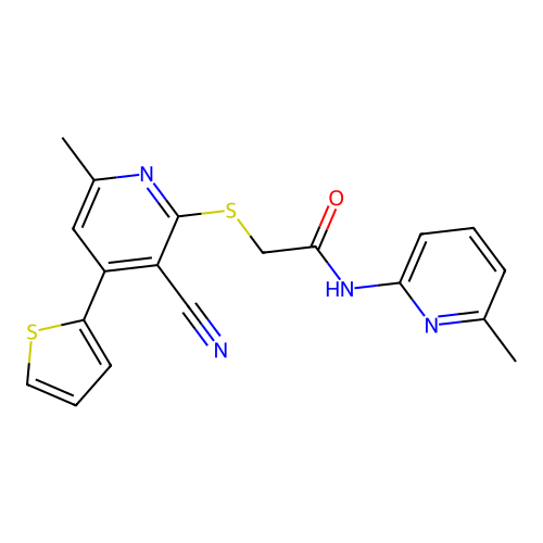 2-(3-cyano-6-methyl-4-thiophen-2-ylpyridin-2-yl)sulfanyl-N-(6-methylpyridin-2-yl)acetamide structure