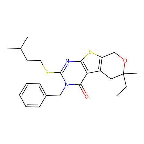 3-benzyl-6-ethyl-2-(isopentylthio)-6-methyl-5,6-dihydro-3H-pyrano[4',3':4,5]thieno[2,3-d]pyrimidin-4(8H)-one structure