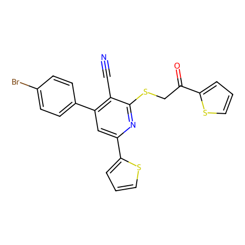 4-(4-bromophenyl)-2-((2-oxo-2-(thiophen-2-yl)ethyl)thio)-6-(thiophen-2-yl)nicotinonitrile structure