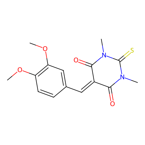 5-(3,4-dimethoxybenzylidene)-1,3-dimethyl-2-thioxodihydropyrimidine-4,6(1H,5H)-dione structure
