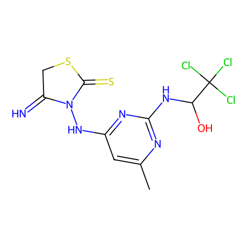 4-imino-3-((6-methyl-2-((2,2,2-trichloro-1-hydroxyethyl)amino)pyrimidin-4-yl)amino)thiazolidine-2-thione structure