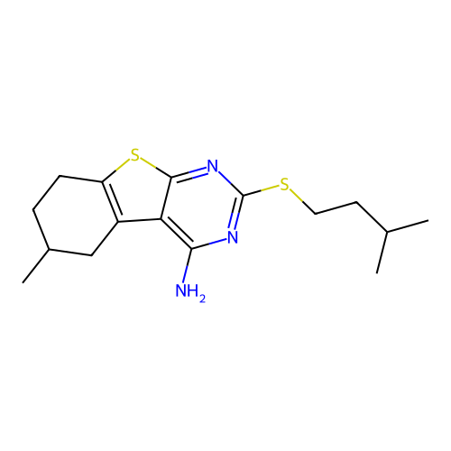 6-methyl-2-[(3-methylbutyl)sulfanyl]-5,6,7,8-tetrahydro[1]benzothieno[2,3-d]pyrimidin-4-amine structure