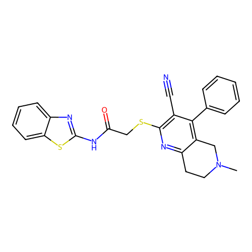 N-(1,3-benzothiazol-2-yl)-2-[(3-cyano-6-methyl-4-phenyl-5,6,7,8-tetrahydro-1,6-naphthyridin-2-yl)sulfanyl]acetamide structure