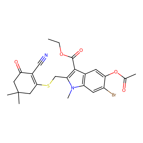 Ethyl 5-(acetyloxy)-6-bromo-2-{[(2-cyano-5,5-dimethyl-3-oxo-1-cyclohexen-1-yl)thio]methyl}-1-methyl-1H-indole-3-carboxylate structure