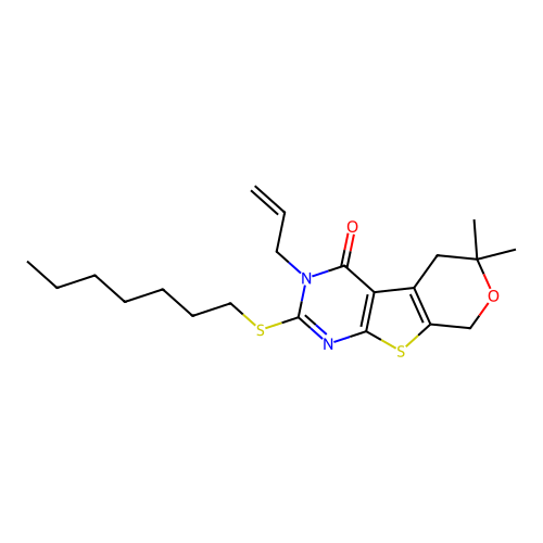 2-(heptylsulfanyl)-6,6-dimethyl-3-(prop-2-en-1-yl)-3,5,6,8-tetrahydro-4H-pyrano[4',3':4,5]thieno[2,3-d]pyrimidin-4-one structure