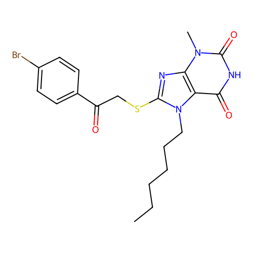 8-((2-(4-bromophenyl)-2-oxoethyl)thio)-7-hexyl-3-methyl-1H-purine-2,6(3H,7H)-dione structure
