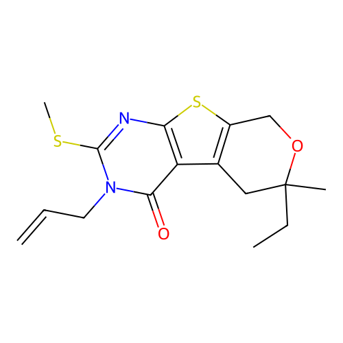 3-allyl-6-ethyl-6-methyl-2-(methylthio)-5,6-dihydro-3H-pyrano[4',3':4,5]thieno[2,3-d]pyrimidin-4(8H)-one structure