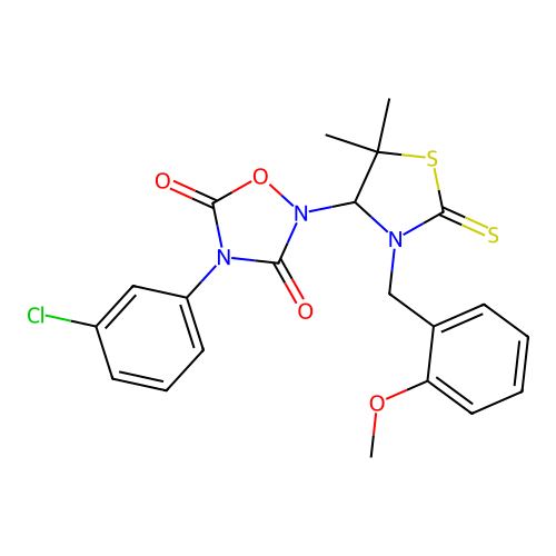 4-(3-chlorophenyl)-2-(3-(2-methoxybenzyl)-5,5-dimethyl-2-thioxothiazolidin-4-yl)-1,2,4-oxadiazolidine-3,5-dione structure