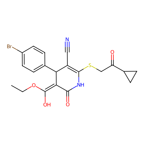 (5E)-4-(4-bromophenyl)-2-(2-cyclopropyl-2-oxoethyl)sulfanyl-5-[ethoxy(hydroxy)methylidene]-6-oxo-1,4-dihydropyridine-3-carbonitrile structure