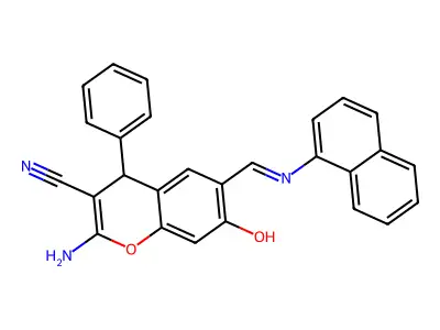 (E)-2-amino-7-hydroxy-6-((naphthalen-1-ylimino)methyl)-4-phenyl-4H-chromene-3-carbonitrile structure