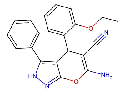 6-amino-4-(2-ethoxyphenyl)-3-phenyl-1,4-dihydropyrano[2,3-c]pyrazole-5-carbonitrile structure