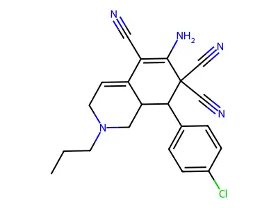 6-amino-8-(4-chlorophenyl)-2-propyl-1,3,8,8a-tetrahydroisoquinoline-5,7,7-tricarbonitrile structure