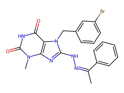 7-[(3-bromophenyl)methyl]-3-methyl-8-(2-(1-phenylethylidene)hydrazinyl)purine-2,6-dione structure