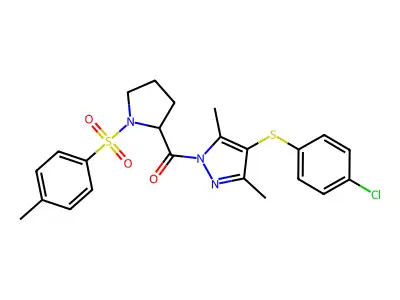 4-chlorophenyl 3,5-dimethyl-1-({1-[(4-methylphenyl)sulfonyl]-2-pyrrolidinyl}carbonyl)-1H-pyrazol-4-yl sulfide structure