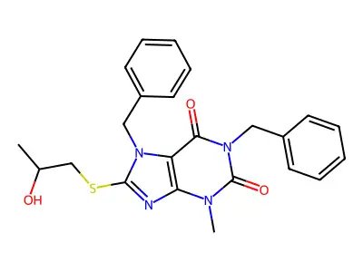 1,7-dibenzyl-8-((2-hydroxypropyl)thio)-3-methyl-1H-purine-2,6(3H,7H)-dione structure