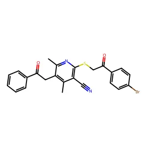 2-[2-(4-bromophenyl)-2-oxoethyl]sulfanyl-4,6-dimethyl-5-phenacylpyridine-3-carbonitrile structure