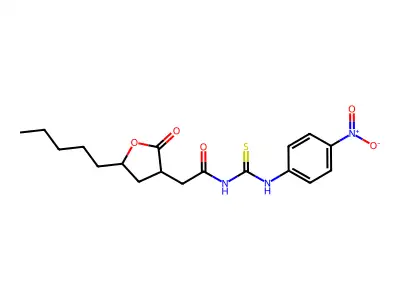 N-[(4-nitrophenyl)carbamothioyl]-2-(2-oxo-5-pentyloxolan-3-yl)acetamide structure