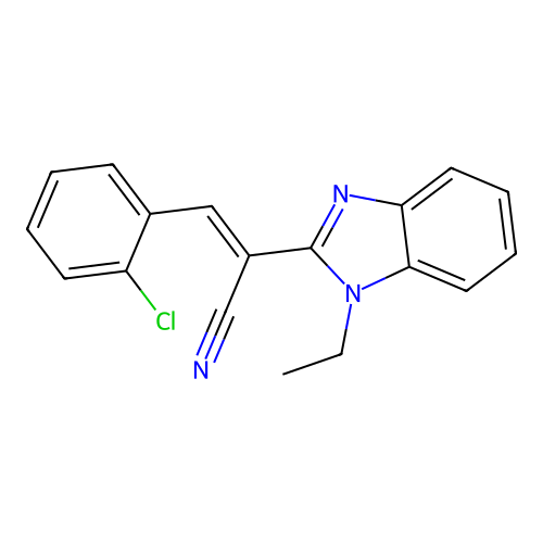(2E)-3-(2-chlorophenyl)-2-(1-ethylbenzimidazol-2-yl)prop-2-enenitrile structure