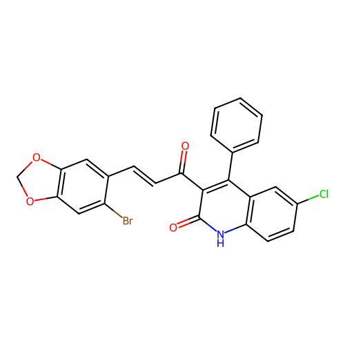 (E)-3-(3-(6-bromobenzo[d][1,3]dioxol-5-yl)acryloyl)-6-chloro-4-phenylquinolin-2(1H)-one structure