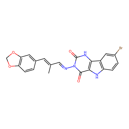 3-((E)-((E)-3-(benzo[d][1,3]dioxol-5-yl)-2-methylallylidene)amino)-8-bromo-1H-pyrimido[5,4-b]indole-2,4(3H,5H)-dione structure