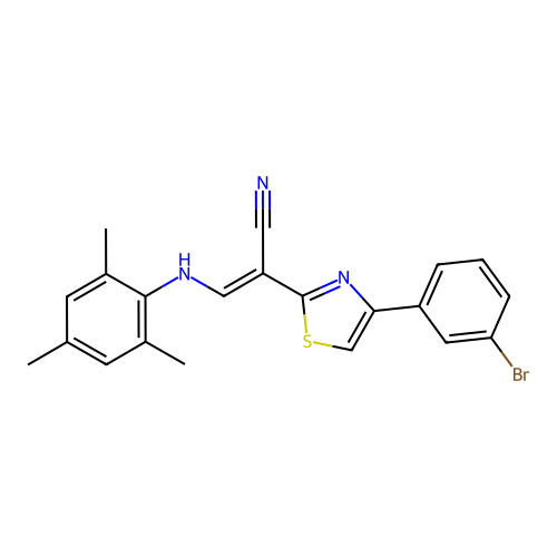 (E)-2-(4-(3-bromophenyl)thiazol-2-yl)-3-(mesitylamino)acrylonitrile structure