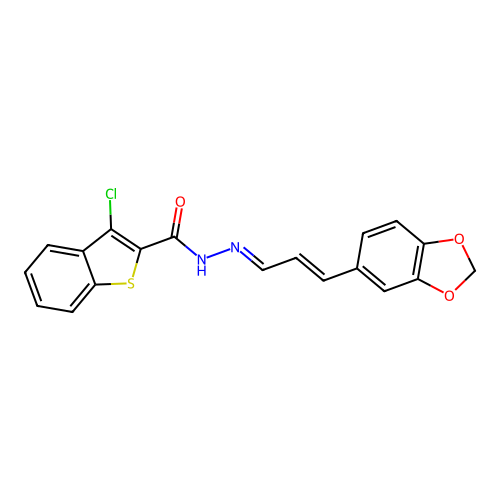(E)-N'-((E)-3-(benzo[d][1,3]dioxol-5-yl)allylidene)-3-chlorobenzo[b]thiophene-2-carbohydrazide structure
