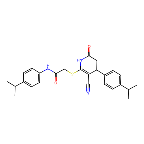 2-({3-cyano-6-oxo-4-[4-(propan-2-yl)phenyl]-1,4,5,6-tetrahydropyridin-2-yl}sulfanyl)-N-[4-(propan-2-yl)phenyl]acetamide structure