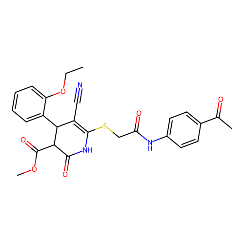 methyl 6-((2-((4-acetylphenyl)amino)-2-oxoethyl)thio)-5-cyano-4-(2-ethoxyphenyl)-2-oxo-1,2,3,4-tetrahydropyridine-3-carboxylate structure