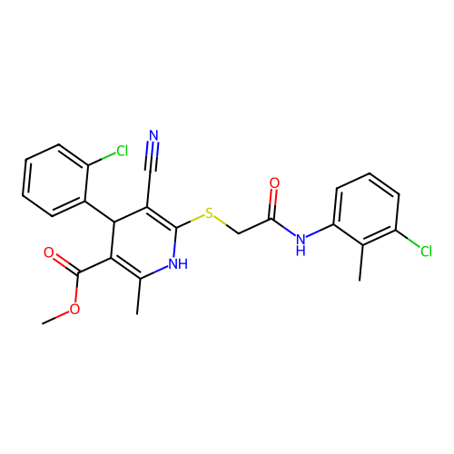 methyl 6-((2-((3-chloro-2-methylphenyl)amino)-2-oxoethyl)thio)-4-(2-chlorophenyl)-5-cyano-2-methyl-1,4-dihydropyridine-3-carboxylate structure