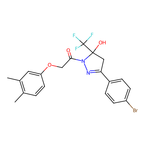 1-[3-(4-bromophenyl)-5-hydroxy-5-(trifluoromethyl)-4,5-dihydro-1H-pyrazol-1-yl]-2-(3,4-dimethylphenoxy)ethanone structure