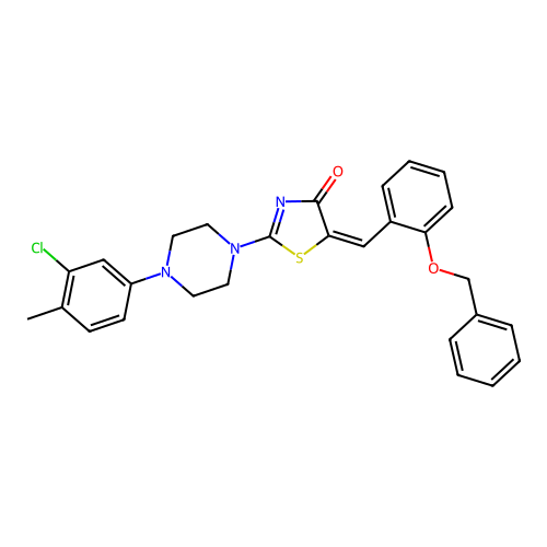 (5E)-2-[4-(3-chloro-4-methylphenyl)piperazin-1-yl]-5-[(2-phenylmethoxyphenyl)methylidene]-1,3-thiazol-4-one structure