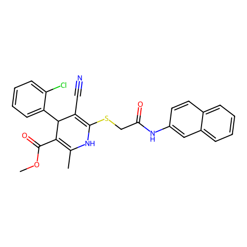 methyl 4-(2-chlorophenyl)-5-cyano-2-methyl-6-((2-(naphthalen-2-ylamino)-2-oxoethyl)thio)-1,4-dihydropyridine-3-carboxylate structure