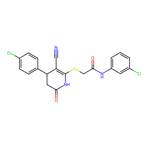 N-(3-chlorophenyl)-2-((4-(4-chlorophenyl)-3-cyano-6-oxo-1,4,5,6-tetrahydropyridin-2-yl)thio)acetamide structure