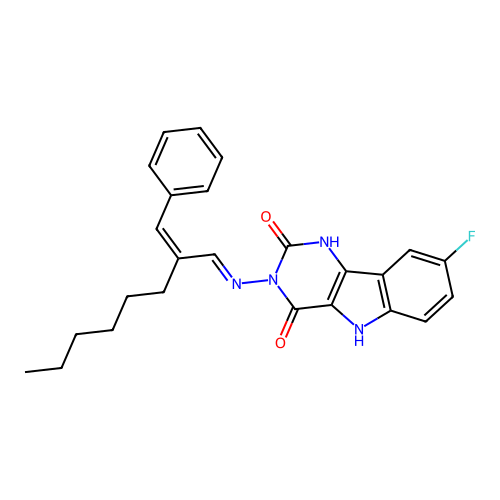 3-((E)-((Z)-2-benzylideneoctylidene)amino)-8-fluoro-1H-pyrimido[5,4-b]indole-2,4(3H,5H)-dione structure