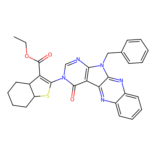 ethyl 2-(11-benzyl-4-oxo-4,11-dihydro-3H-pyrimido[5',4':4,5]pyrrolo[2,3-b]quinoxalin-3-yl)-3a,4,5,6,7,7a-hexahydro-1-benzothiophene-3-carboxylate structure
